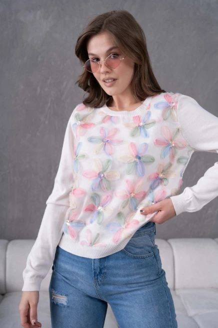 Bisiklet Yaka Tül Detaylı Aplikeli Triko Kazak