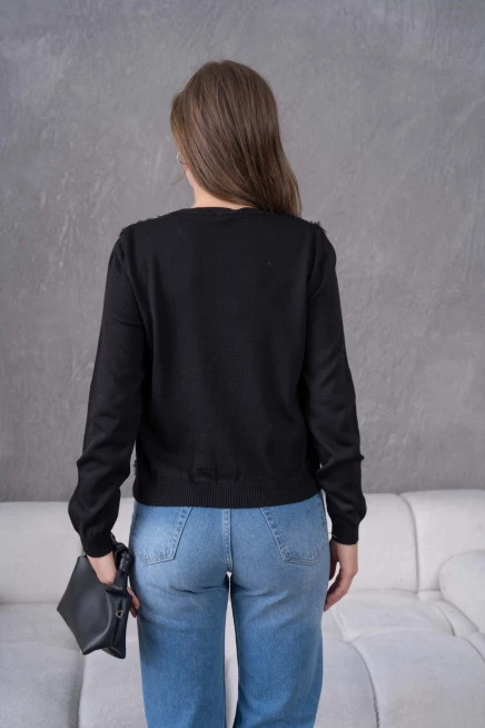 Bisiklet Yaka Tül Detaylı Aplikeli Triko Kazak