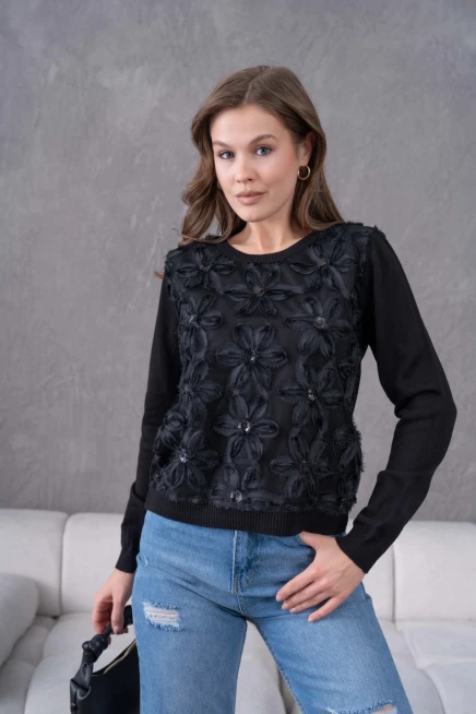 Bisiklet Yaka Tül Detaylı Aplikeli Triko Kazak