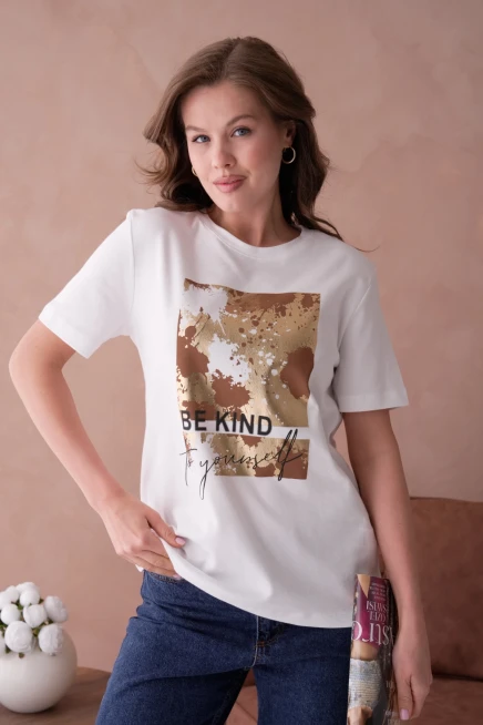 Bisiklet Yaka Varak Baskılı Basic T-Shirt