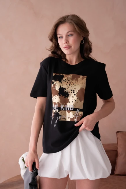 Bisiklet Yaka Varak Baskılı Basic T-Shirt