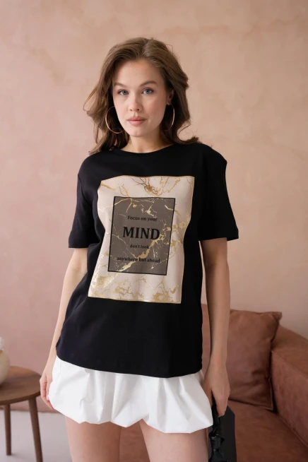 Bisiklet Yaka Varak Baskılı Basic T-Shirt