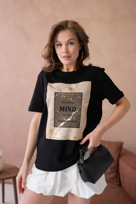 Bisiklet Yaka Varak Baskılı Basic T-Shirt