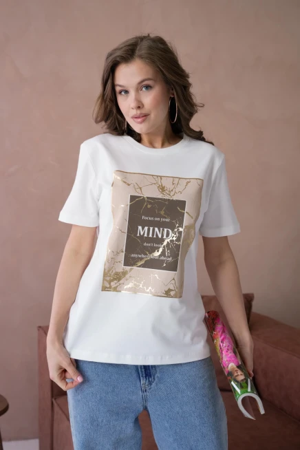 Bisiklet Yaka Varak Baskılı Basic T-Shirt