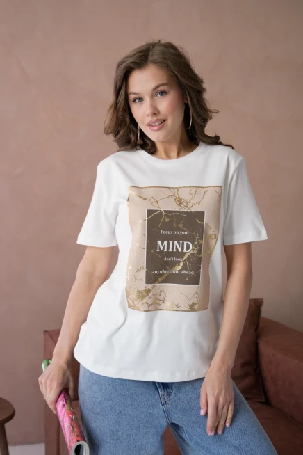 Bisiklet Yaka Varak Baskılı Basic T-Shirt