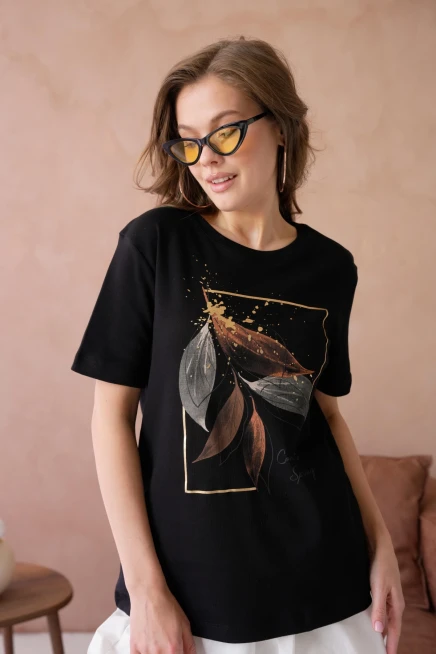 Bisiklet Yaka Varak Baskılı Basic T-Shirt