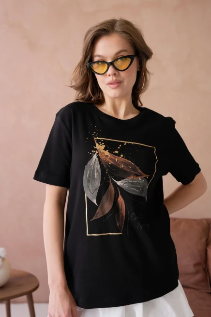 Bisiklet Yaka Varak Baskılı Basic T-Shirt