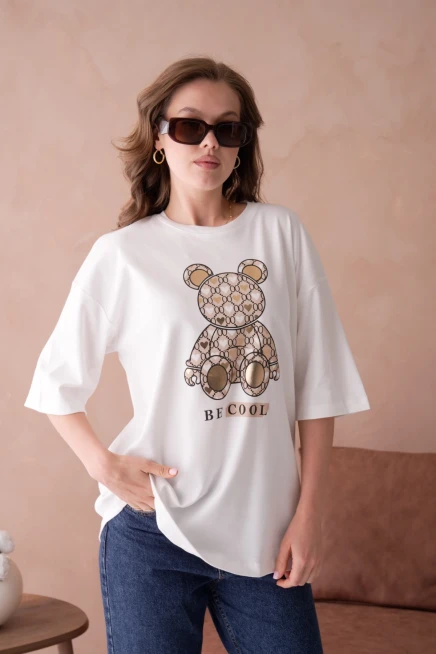 Bisiklet Yaka Varak Baskılı Salaş Basic T-Shirt