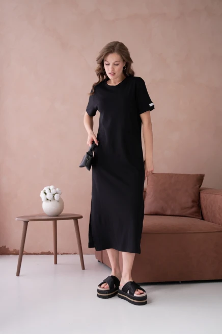 Bisiklet Yaka Yırtmaçlı Salaş Basic Penye Elbise