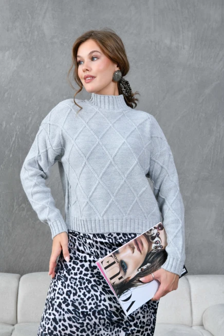 Kadın Dik Ayak Baklava Desen Triko Kazak