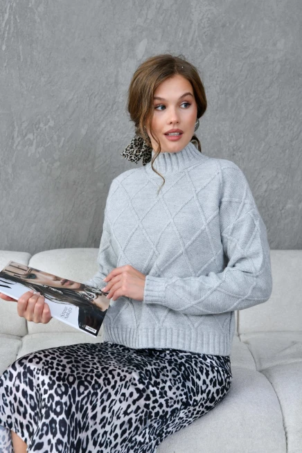 Kadın Dik Ayak Baklava Desen Triko Kazak