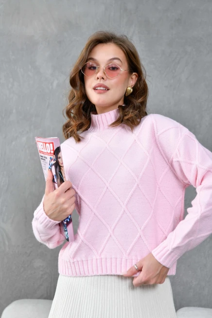 Kadın Dik Ayak Baklava Desen Triko Kazak