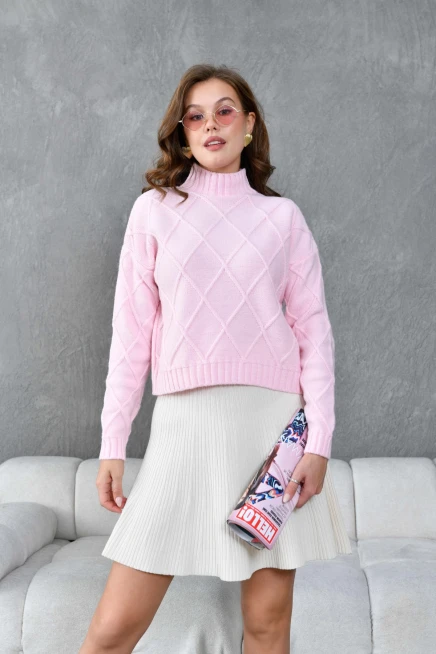 Kadın Dik Ayak Baklava Desen Triko Kazak