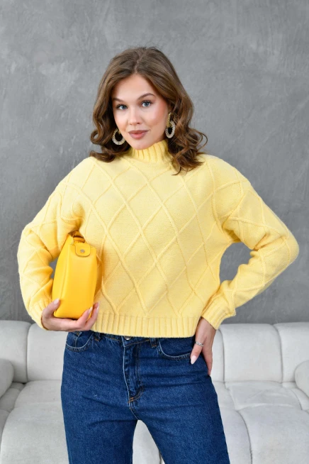 Kadın Dik Ayak Baklava Desen Triko Kazak