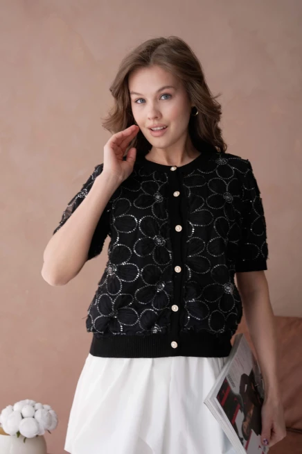 Düğme Detay Full Tül Kısa Kollu Triko Hırka