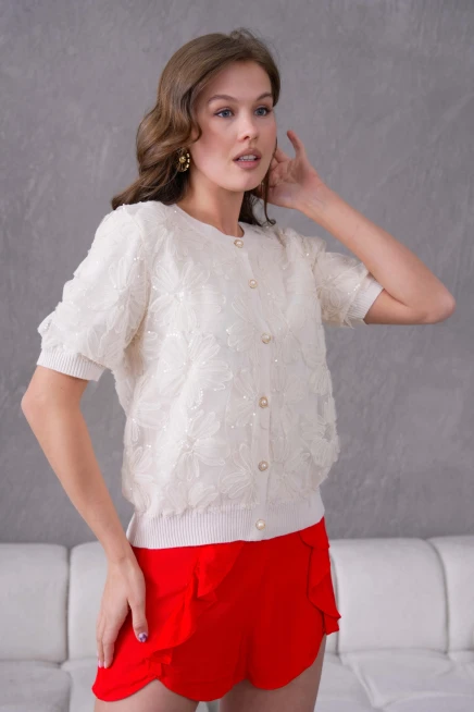 Düğme Detay Full Tül Kısa Kollu Triko Hırka