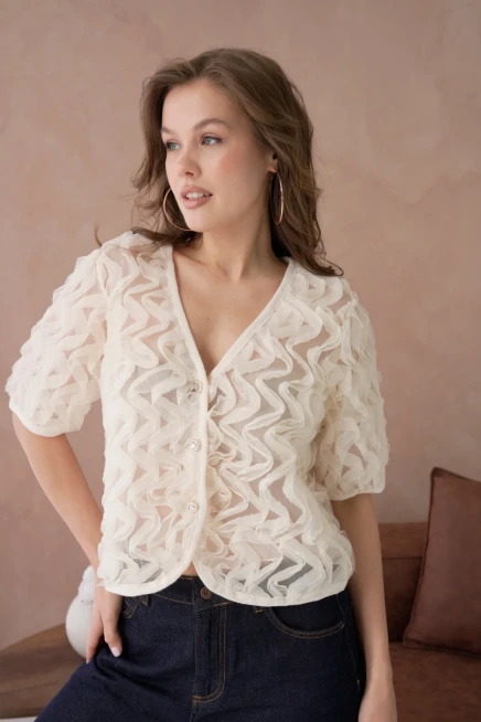 Fır Fır Detay Düğmeli Full Tül Bluz