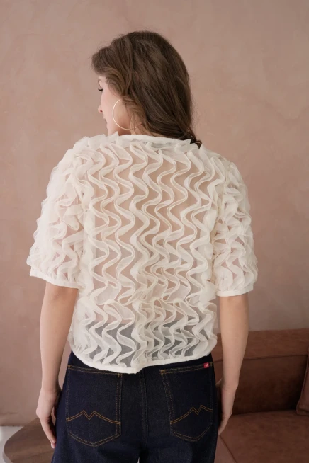 Fır Fır Detay Düğmeli Full Tül Bluz