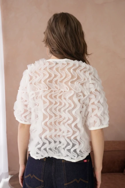 Fır Fır Detay Düğmeli Full Tül Bluz