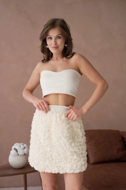 Gül Desenli Beli Lastikli Astarlı Tül Etek