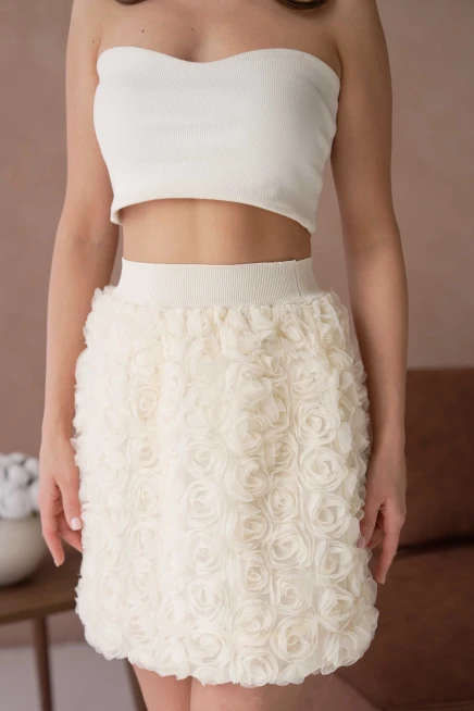 Gül Desenli Beli Lastikli Astarlı Tül Etek