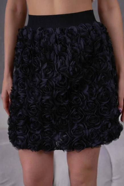 Gül Desenli Beli Lastikli Astarlı Tül Etek