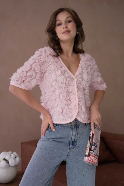 Gül Detay Düğmeli Full Tül Bluz