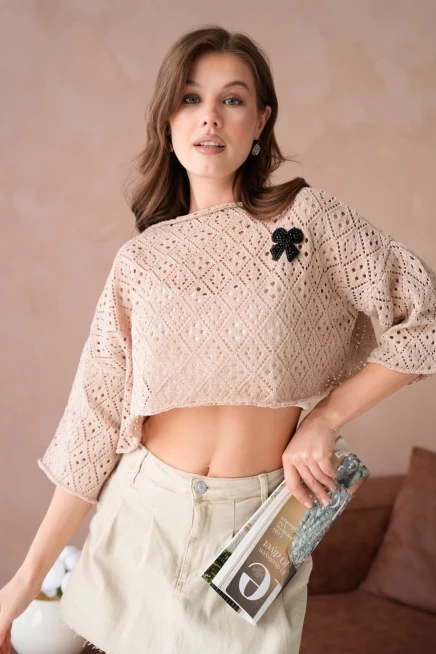 Kadın Kayık Yaka Ajurlı Triko Kazak