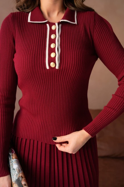 Kadın Polo Yaka Düğme Detay Kazak Etekli İkili Triko Takım