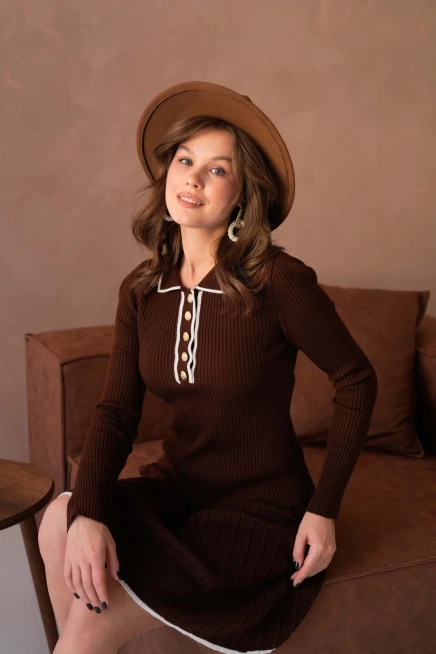 Kadın Polo Yaka Düğme Detay Kazak Etekli İkili Triko Takım