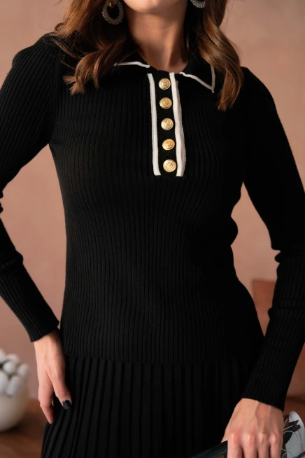 Kadın Polo Yaka Düğme Detay Kazak Etekli İkili Triko Takım