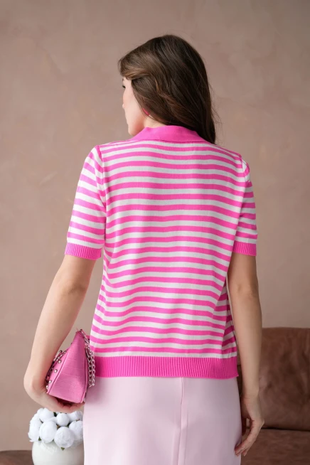 Polo Yaka Nakış Detaylı Çizgili Triko Kazak