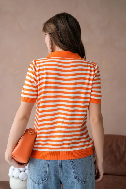Polo Yaka Nakış Detaylı Çizgili Triko Kazak
