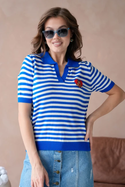 Polo Yaka Nakış Detaylı Çizgili Triko Kazak