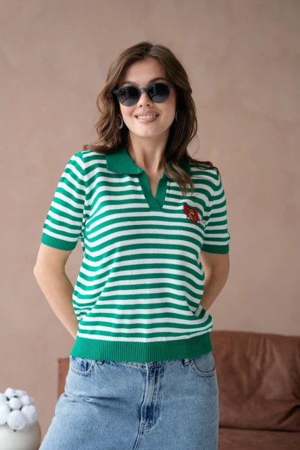 Polo Yaka Nakış Detaylı Çizgili Triko Kazak
