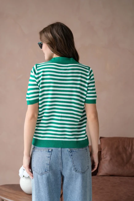 Polo Yaka Nakış Detaylı Çizgili Triko Kazak
