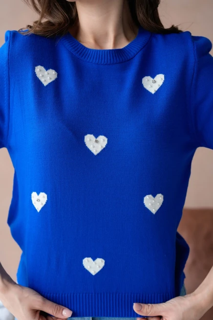 Kadın Taş İşlemeli Kalpli Triko Kazak