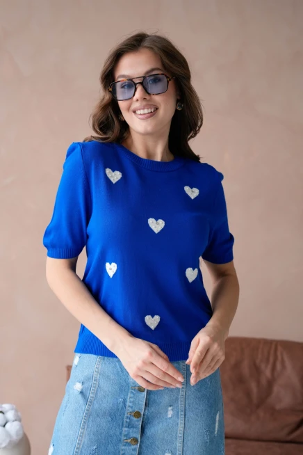 Kadın Taş İşlemeli Kalpli Triko Kazak