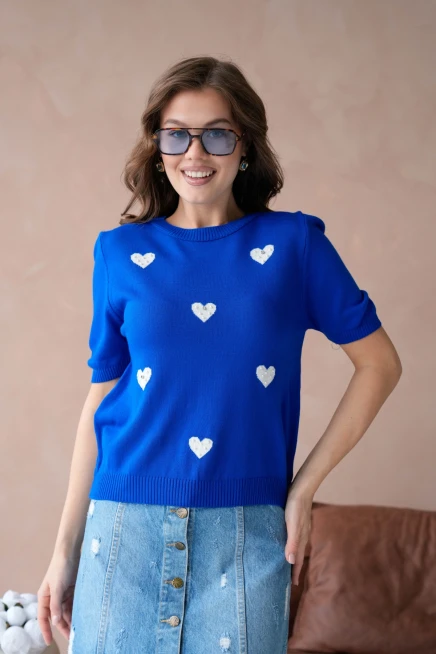 Kadın Taş İşlemeli Kalpli Triko Kazak