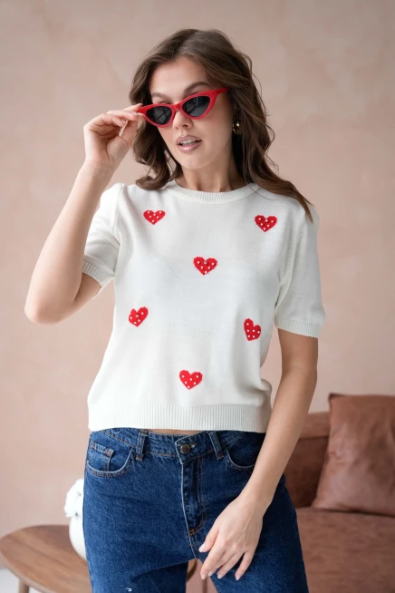 Kadın Taş İşlemeli Kalpli Triko Kazak