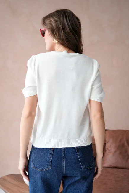 Kadın Taş İşlemeli Kalpli Triko Kazak