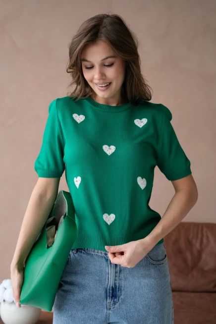 Kadın Taş İşlemeli Kalpli Triko Kazak