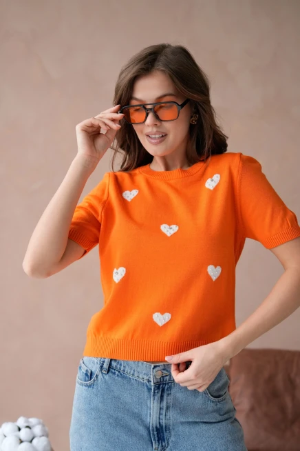 Kadın Taş İşlemeli Kalpli Triko Kazak