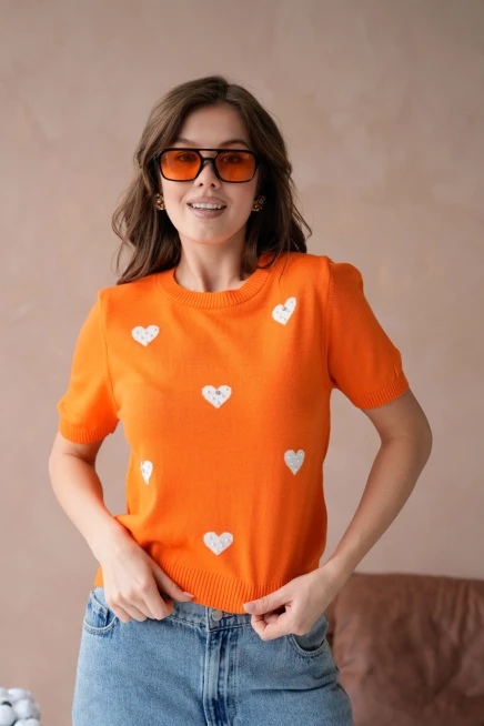 Kadın Taş İşlemeli Kalpli Triko Kazak