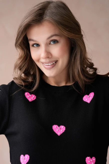 Kadın Taş İşlemeli Kalpli Triko Kazak