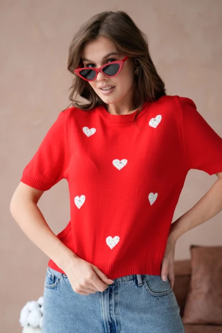 Kadın Taş İşlemeli Kalpli Triko Kazak