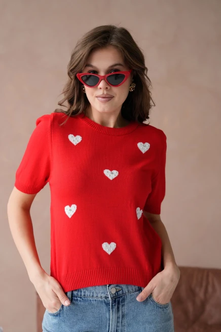 Kadın Taş İşlemeli Kalpli Triko Kazak