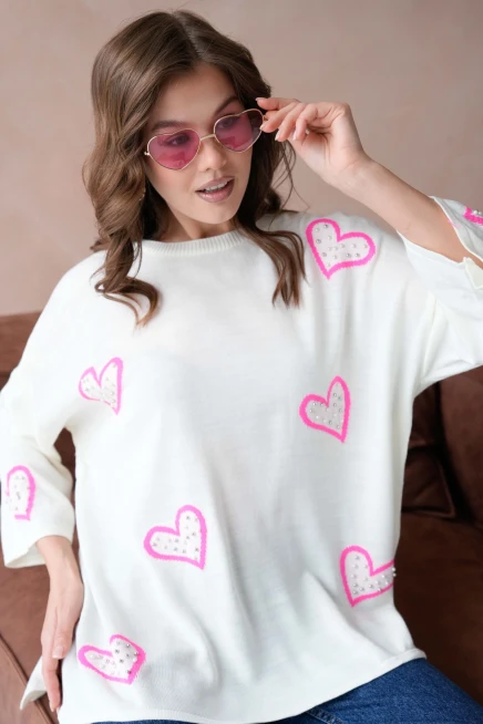 Kadın Taş İşlemeli Salaş Triko Kazak