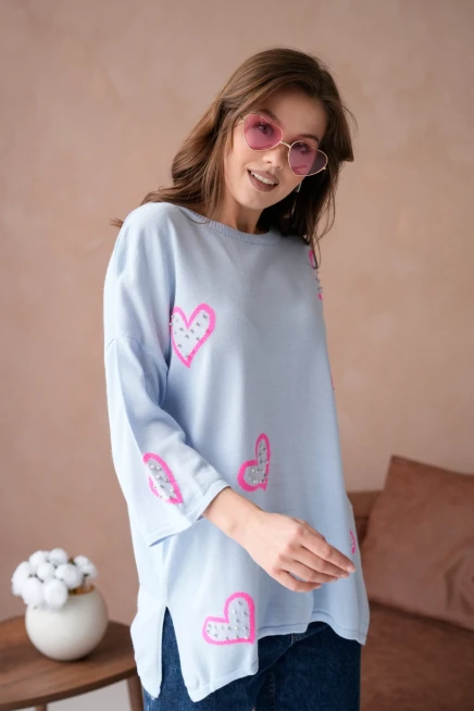 Kadın Taş İşlemeli Salaş Triko Kazak