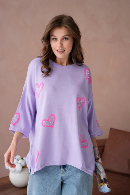 Kadın Taş İşlemeli Salaş Triko Kazak